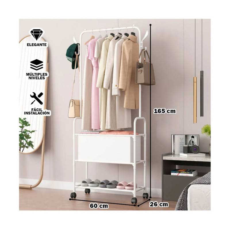 Perchero Colgador Organizador Ropa XM Ruedas Blanco