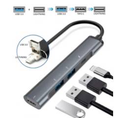 OEM - Adaptador 4 en 1 Lightning o USB 3.0 a 2*USB,TipoC,Lightning
