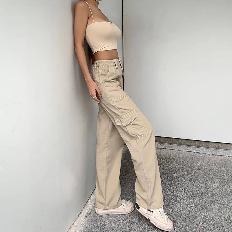 Pantalones cargo elásticos de cintura alta para mujer - Khaki GENERICO