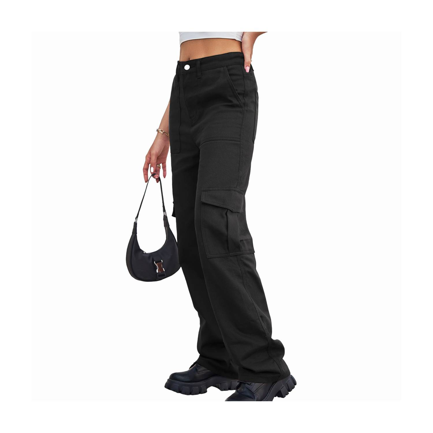 Pantalones cargo elásticos de cintura alta para mujer - Negro