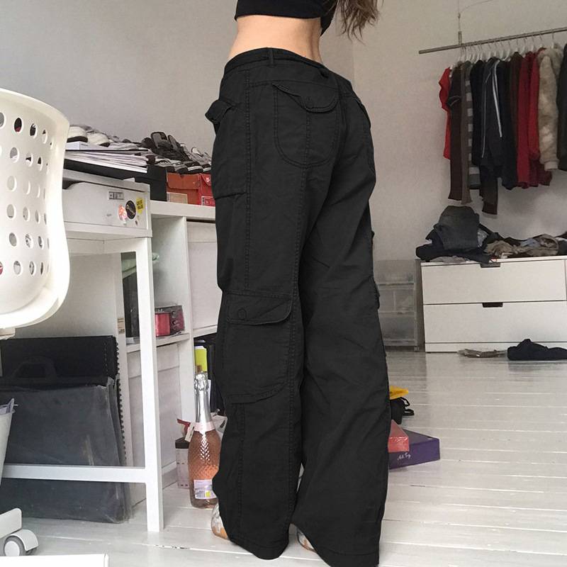 GENERICO Pantalones cargo elásticos de cintura alta para mujer - Negro