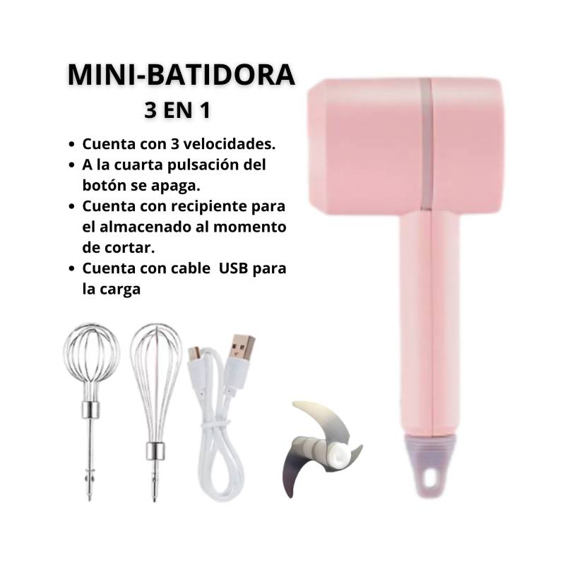 Mini batidora eléctrica de 3 velocidades 2 en 1 color rosado