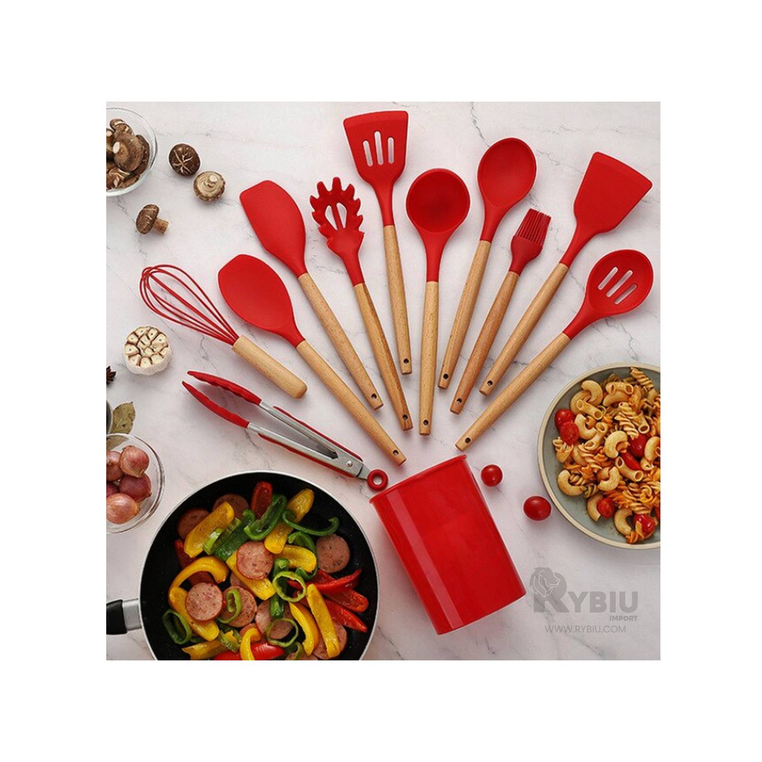 Juego Menaje Utensilio De Cocina Silicona Y Madera 11 Piezas - Variante  Color Rojo — Atrix