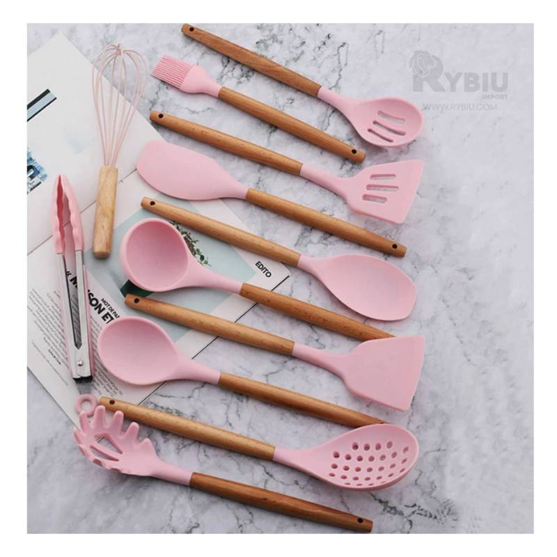 Set de Utensilios para Cocina con Mango de Madera Rosa GENERICO