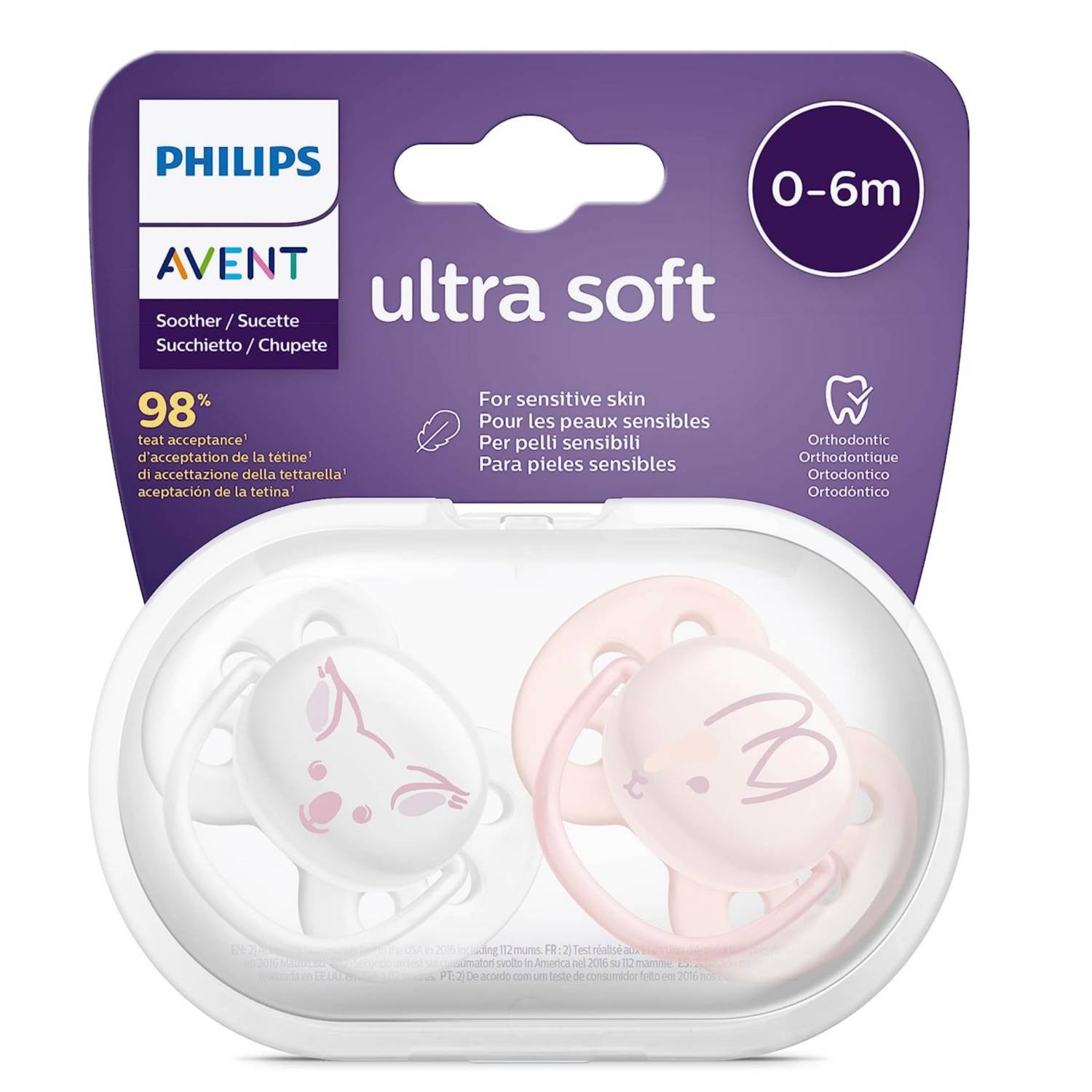 Dos Chupetes ultra soft neutro para bebés de 0 a 6 meses, Avent.