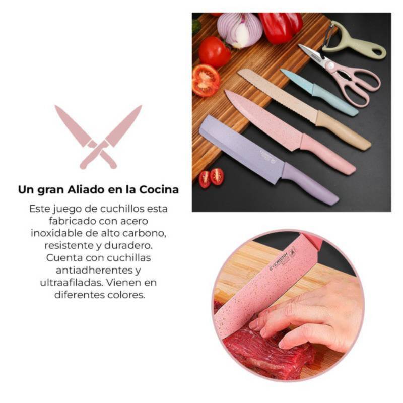 Set de Cuchillos de Cocina 6 piezas Acero Inoxidable de Colores