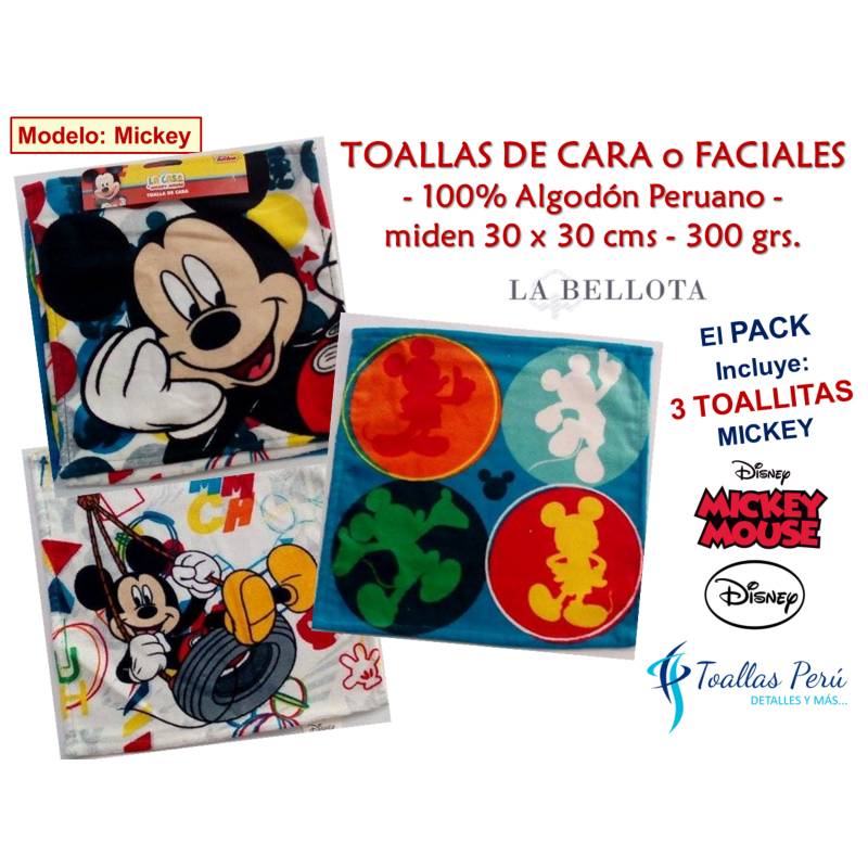 Toallas Cara o Facial La Bellota 30x30 Disney: Mickey (Pack 3 u