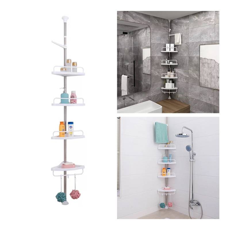HomeHelper Organizador esquinero de ducha a prueba de óxido para baño,  organizador de almacenamiento de ducha de 4 niveles con poste de tensión  para