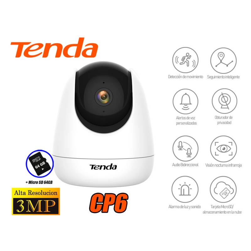 Cámara Seguridad Wifi Interior 3MP 360º CP6 + Micro SD 64GB TENDA