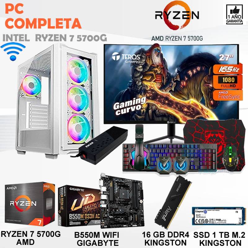 COMPUTADORA GAMER COMPLETA RYZEN 7 5700G 16 GB SSD 480 + MONITOR