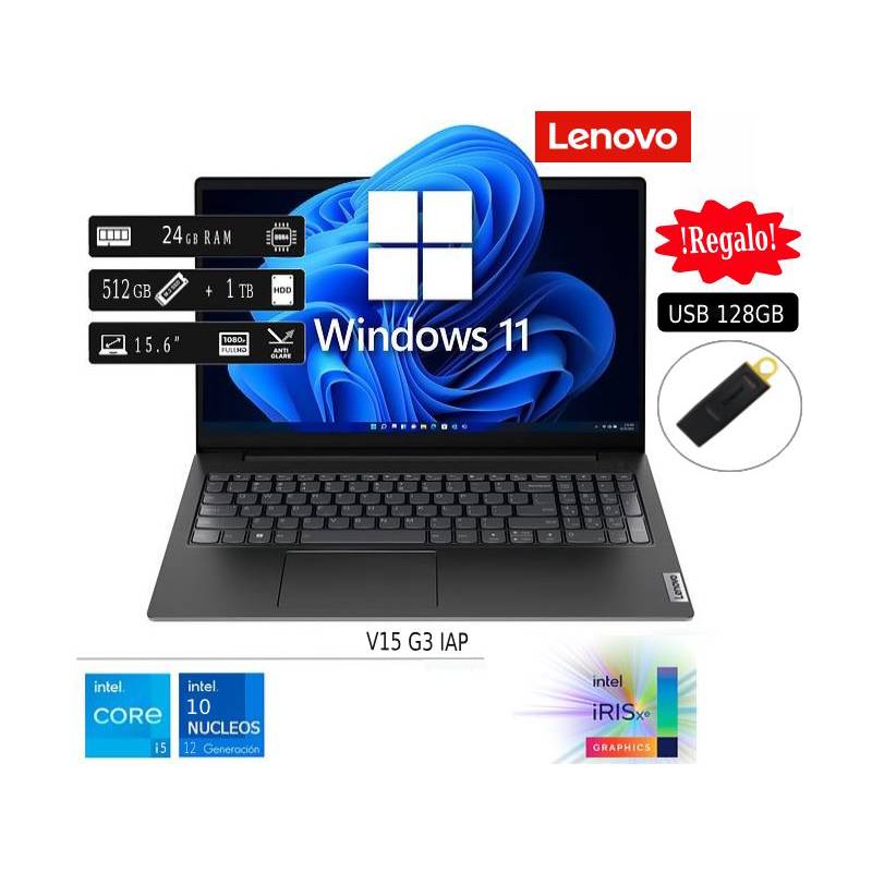 LENOVO - Laptop Nueva Lenovo V15 G3 IAP Core I5 12va Gen 24GB RAM 512GB SSD 1TB HDD + Regalo 128GB USB