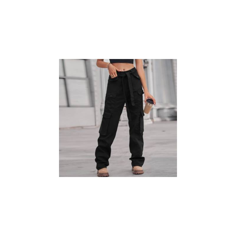 Pantalones cargo elásticos de cintura alta para mujer - Negro