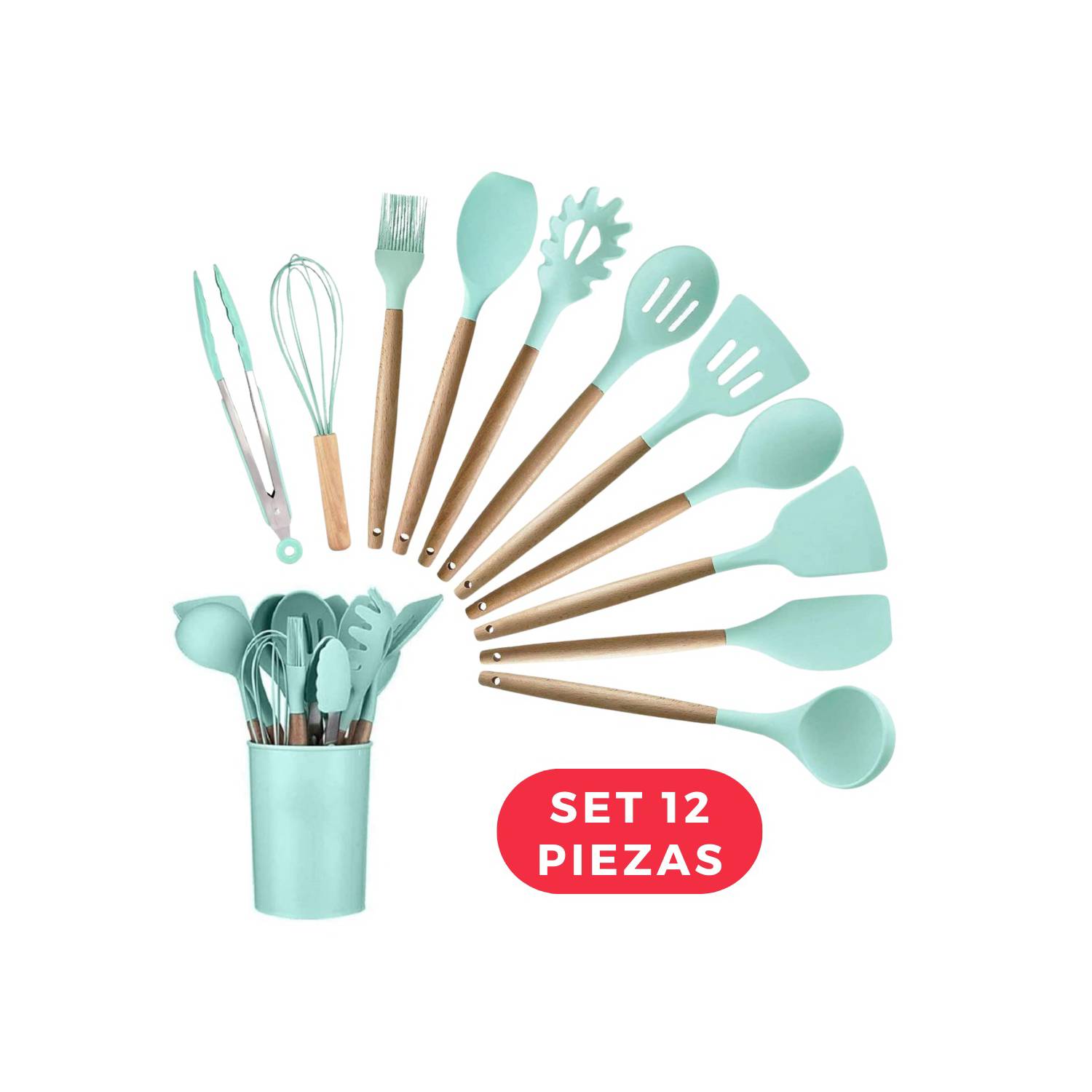 GENERICO Juego Utensilios de cocina silicona con madera 10 pcs Verde