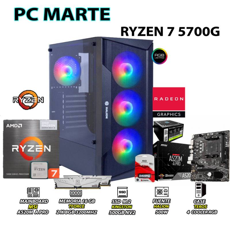 AMD - Computadora PC Ryzen 7 5700G RAM 16GB SSD 500GB CON GRAFICOS AMD RADEON