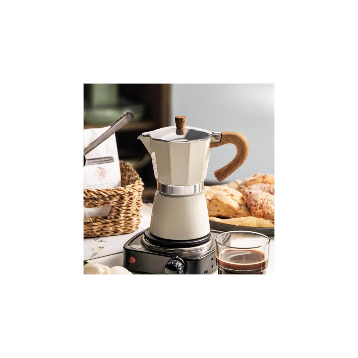 Cafetera Moka Italiana, 6 Tazas Espresso, Cappuccino y Latte Blanco  GENERICO