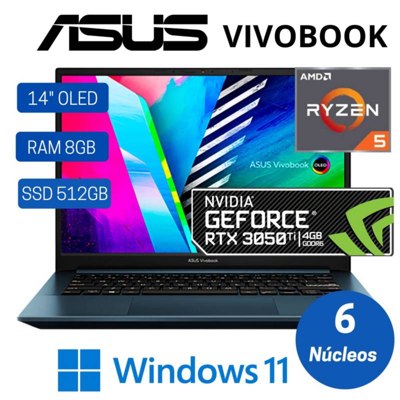 ASUS - Laptop ASUS VIVOBOOK M3401QC-KM160W 14" 2.8K  AMD Ryzen 5 5600H,Ram 8GB, SSD 512GB,RTX 3050,Win 11