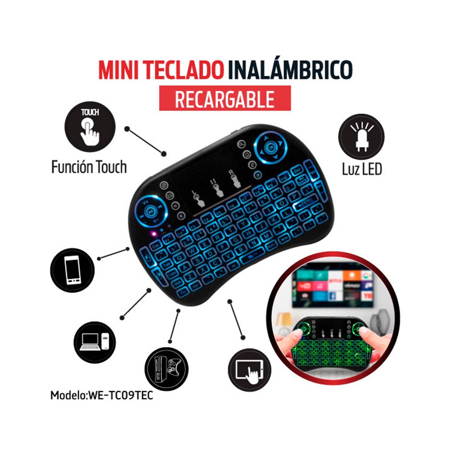 Mini Teclado Inalámbrico Touchpad Iluminado Smart Tv Xbox Pc, Moda de  Mujer