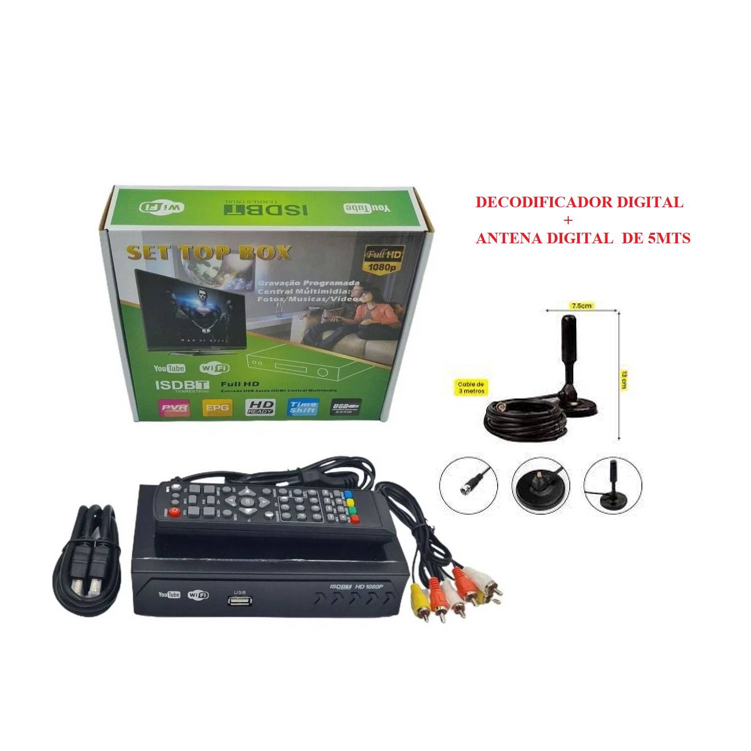 Sintonizador Decodificador Tv Digital Tdt + Antena Hd (kit