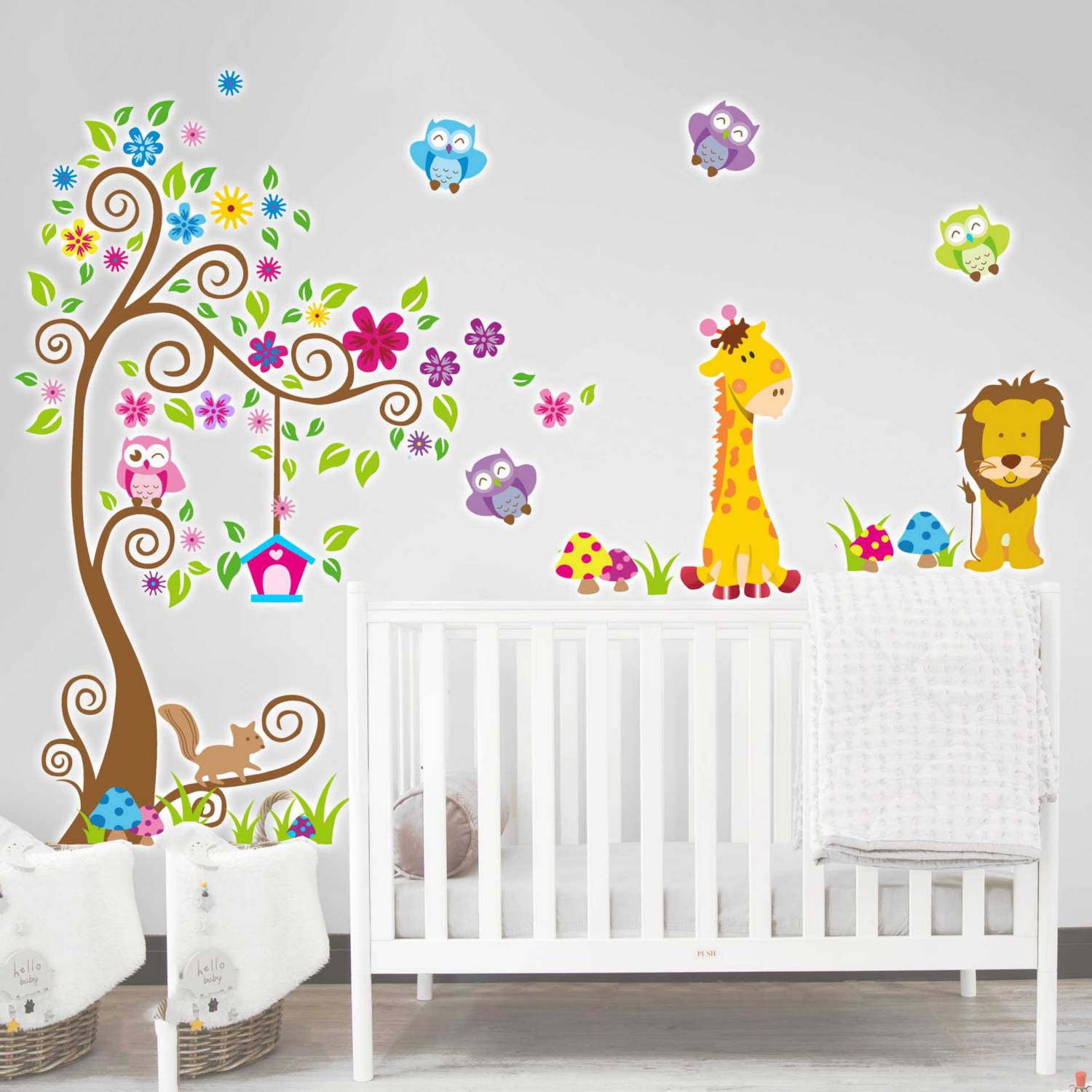 Vinilos decorativos árboles infantiles. Sticker decorativo árbol, búhos,  ardilla, flores, p…