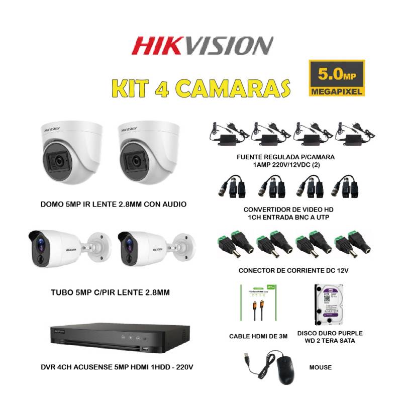 Kit de 4 cámaras de vigilancia Hikvision de 2 mpx y 2.8mm con