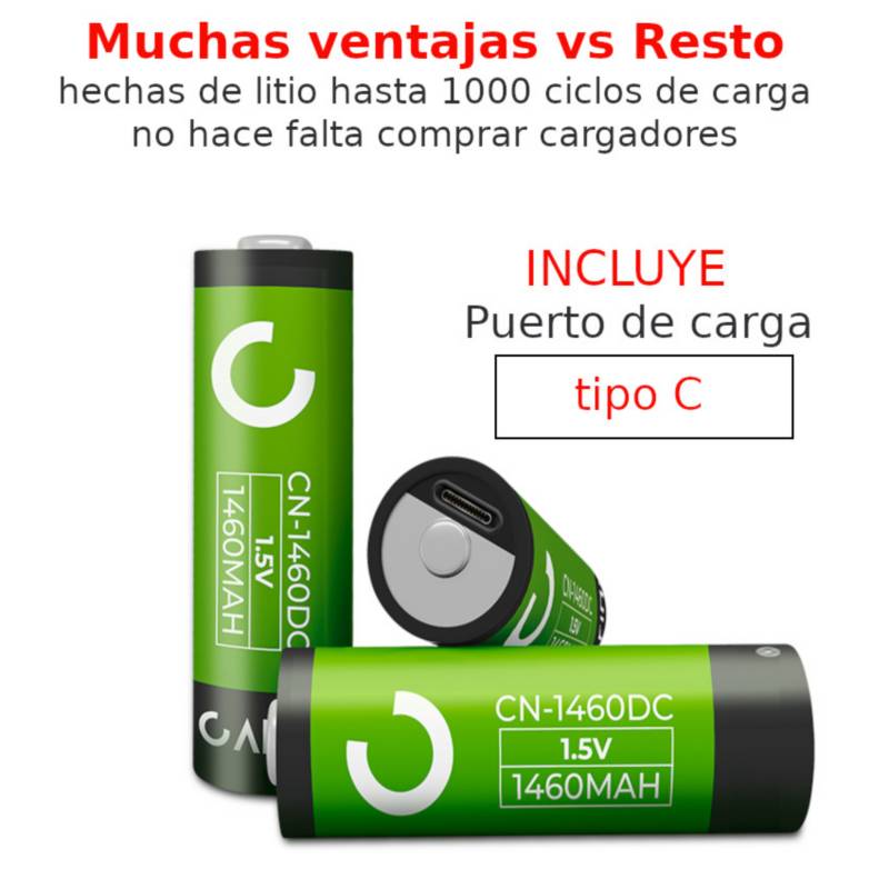 Pack 4 baterias pilas AA litio li ion Usb C RECARGA -BLE Directa