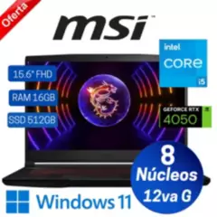MSI - Laptop MSI Thin GF63 12VE 15.6" FHD IPS,Core i5-12450H,16GB Ram,512GB SSD, RTX 4050,Win 11