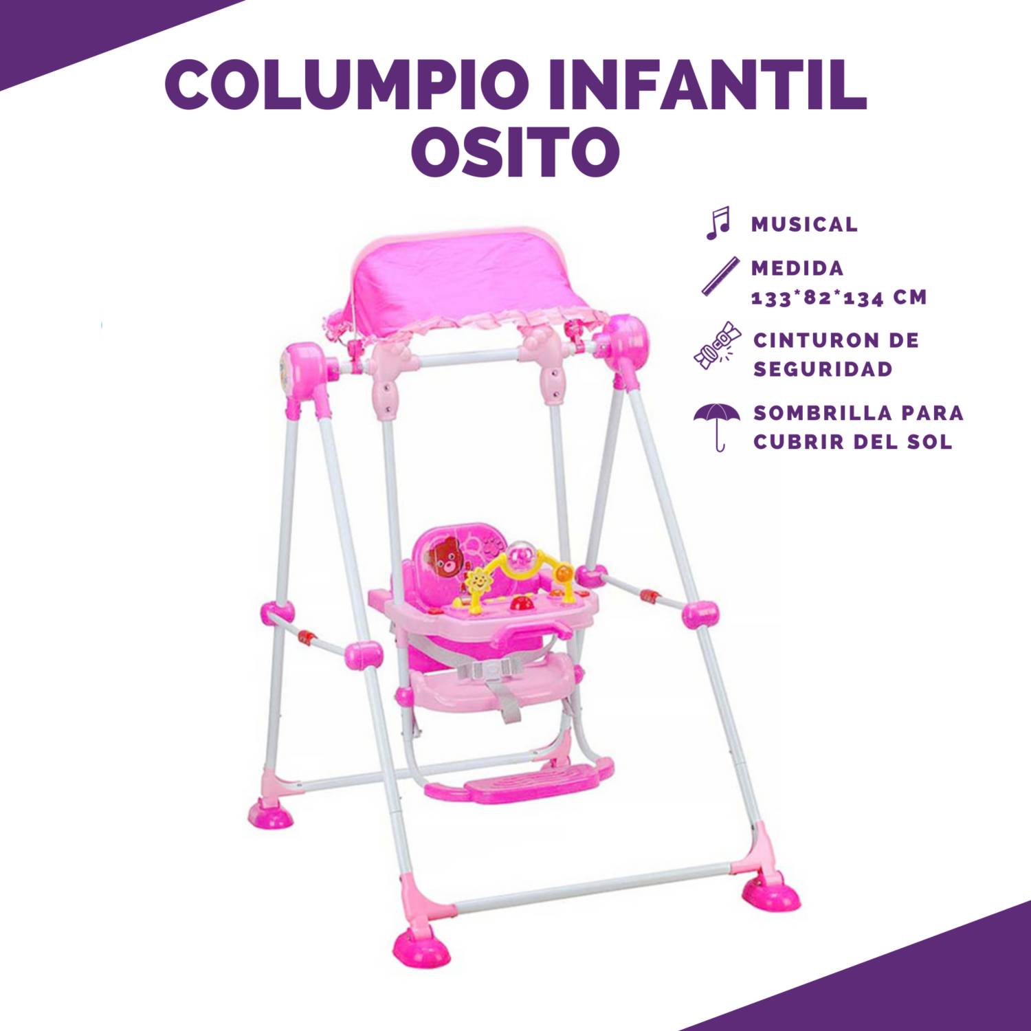 Columpio para bebes y niños Musical Rosado Osito - Promart