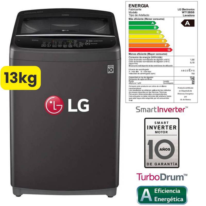 Ripley - LAVADORA LG CARGA SUPERIOR 13KG WT13BPBK SMART MOTION NEGRO