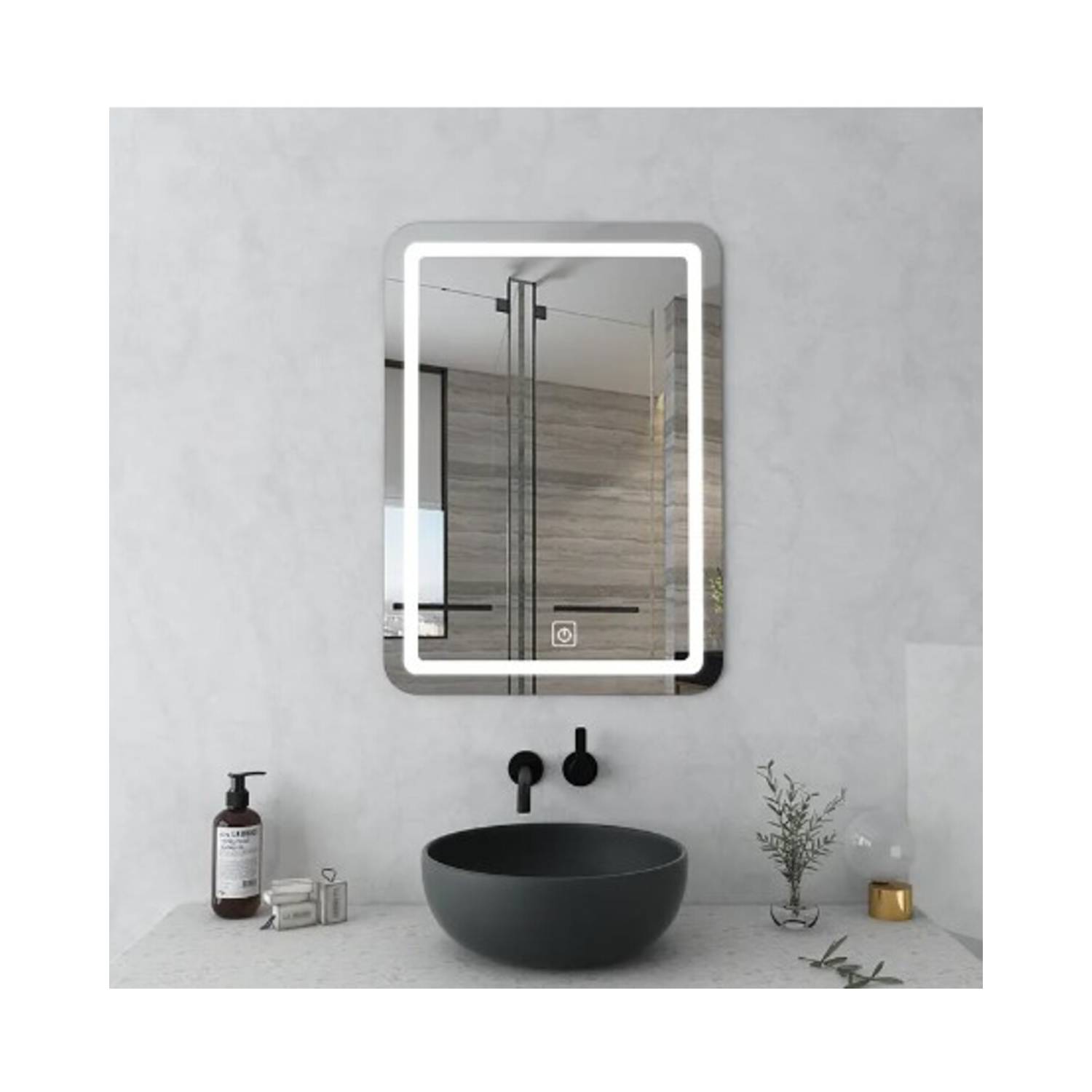 Espejo LED plateado para baño, horizontal, con botón sensible  (D-CK010-ACDEFG)