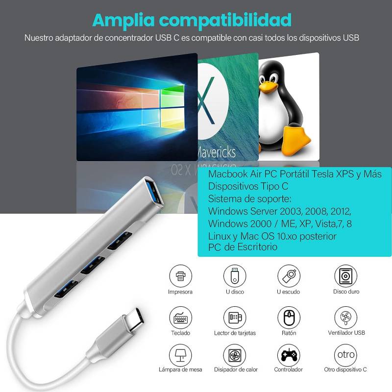 Adaptador de concentrador USB C a USB 3.0, Adaptador USB tipo C, Aluminio