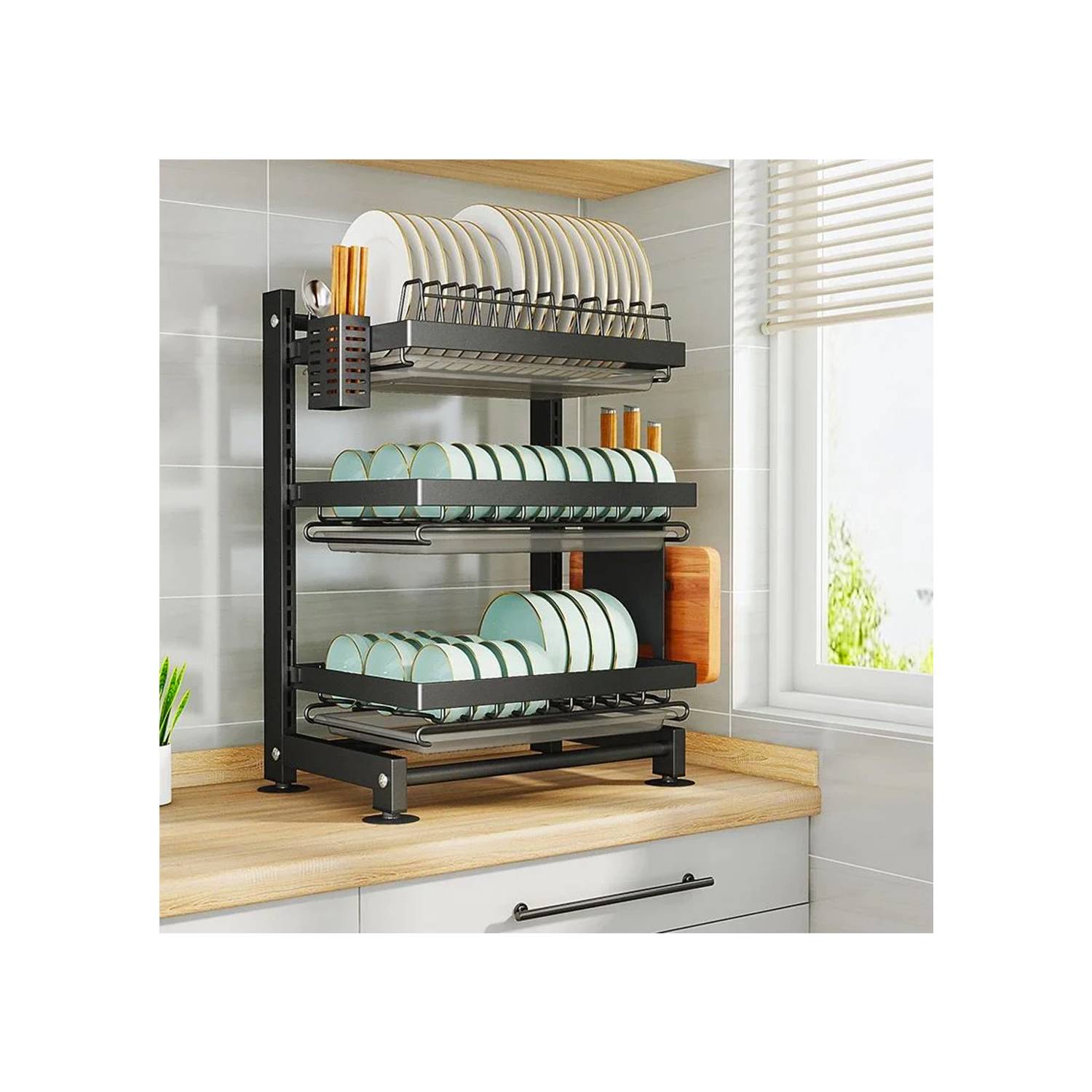 Organizador de platos Gretail para cocina estante 2 niveles Negro