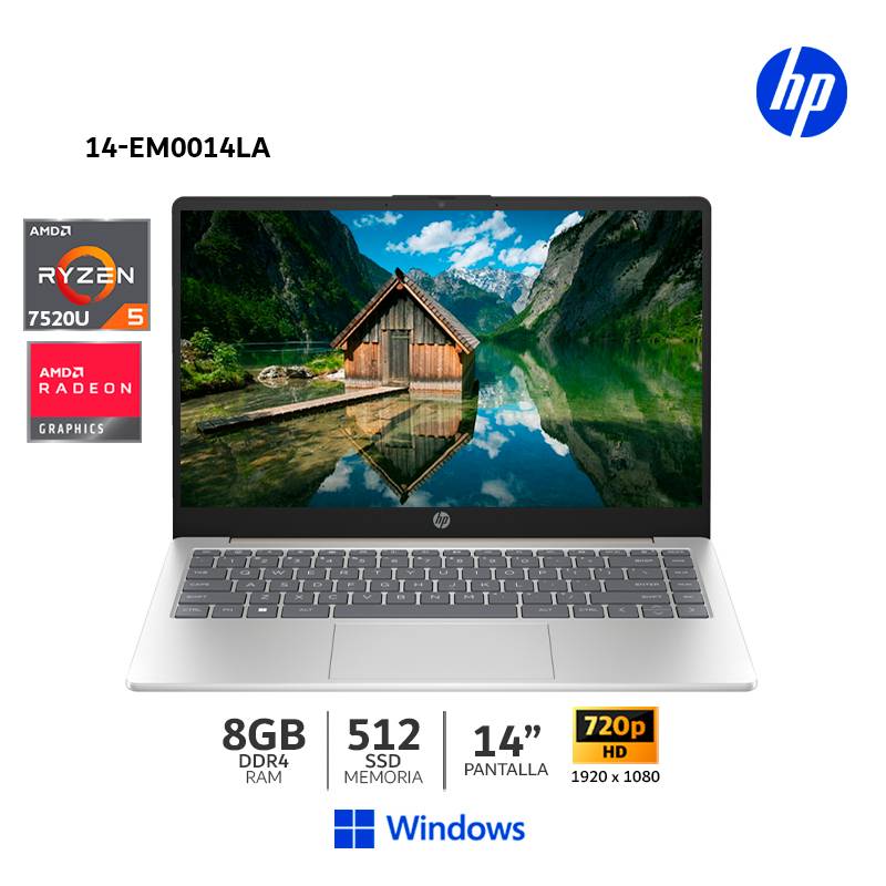 Laptop Hp 14 Em0014la Ryzen 5 7520u 8gb Ram 512 Gb Ssd 14” Fhd Wind 802m2la Hp 1898