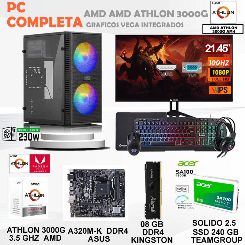 AMD - Computadora AMD ATHLON 3000G   ram 8gb ssd 480 gb monitor 21.5 FHD
