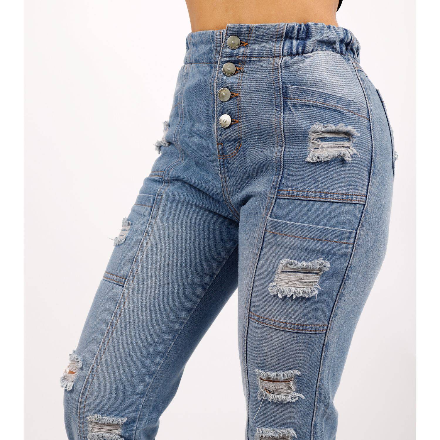 Baggy Elastic Jeans Mujer Rasgado