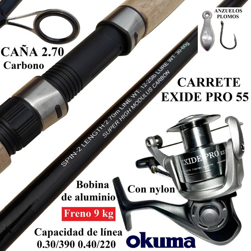 Equipo De Pesca Caña 2.70m Carbono Y Carrete Okuma 5500 GENERICO
