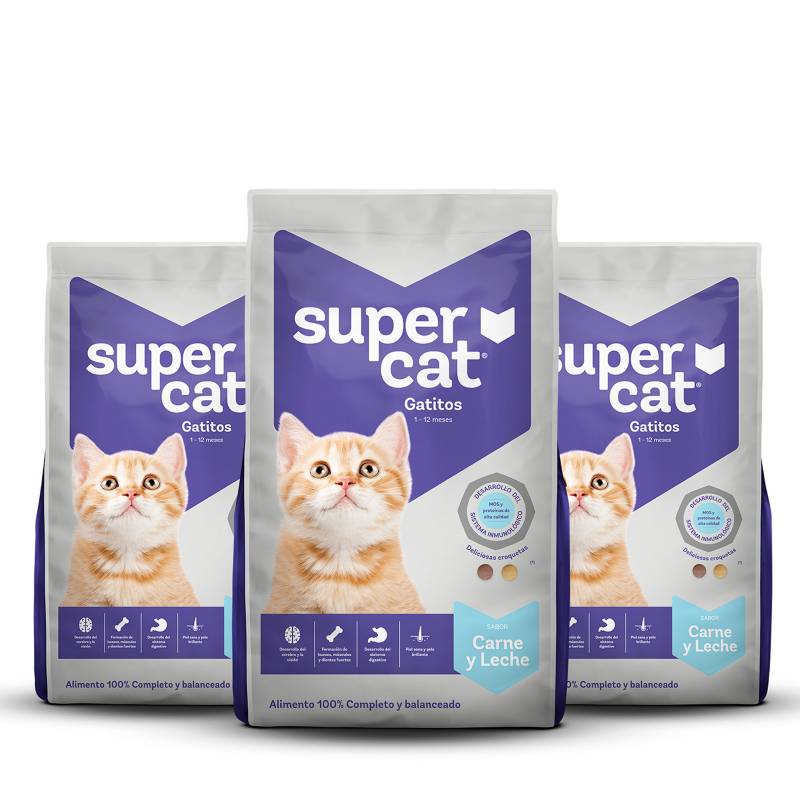SUPERCAT - Pack x 3 Supercat Gatitos Carne y Leche 1Kg