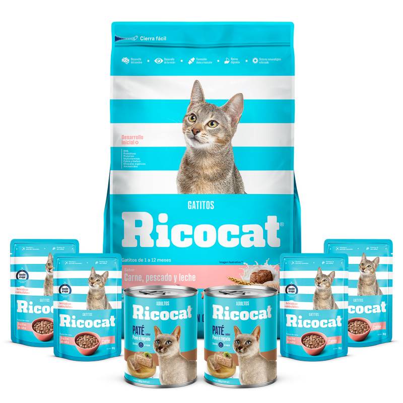 RICOCAT - Pack Ricocat Gatitos Carne,Pescado y Leche 9Kg